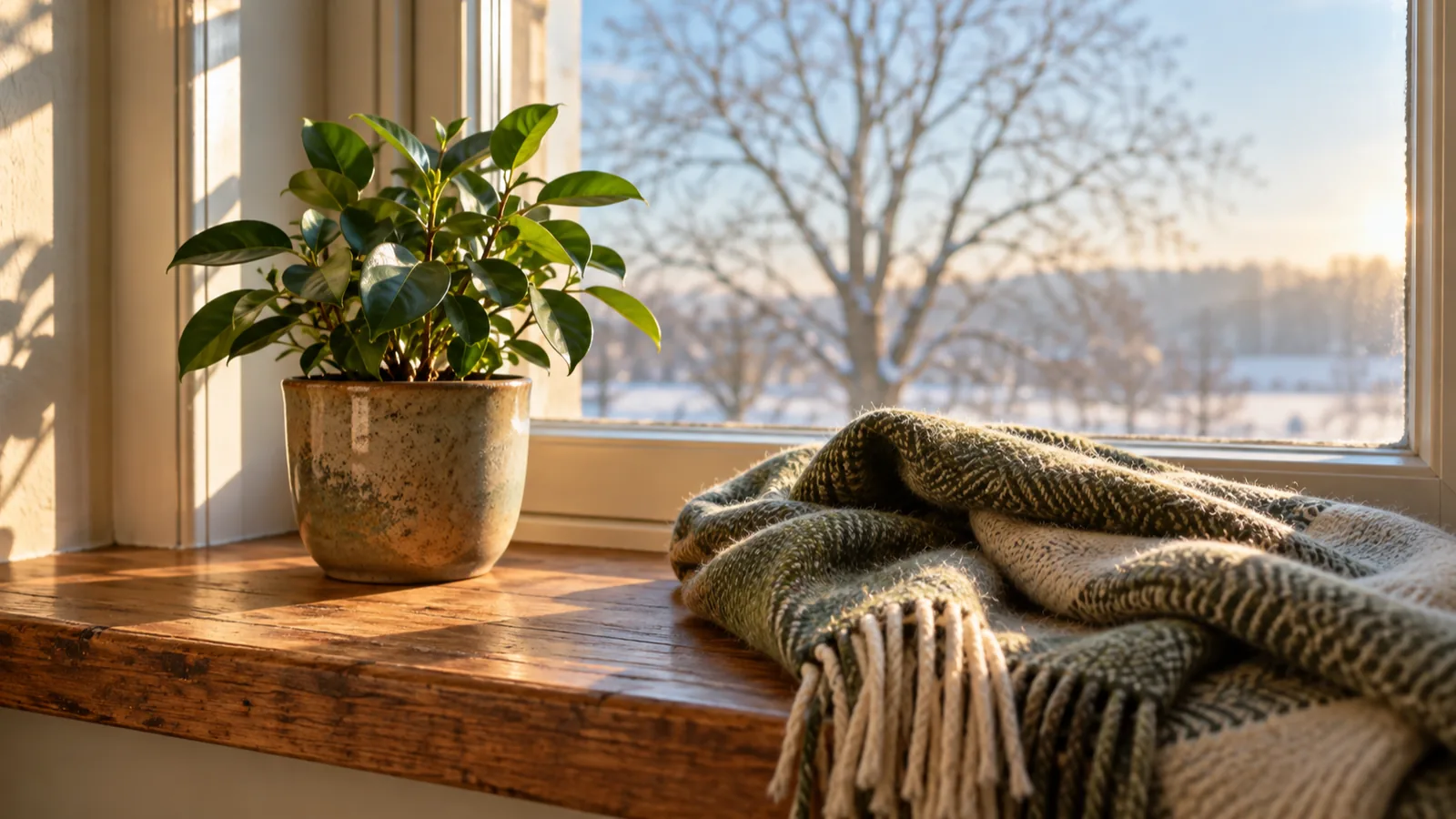 Low golden winter sunlight across a windowsill with a small plant and a folded wool scarf.