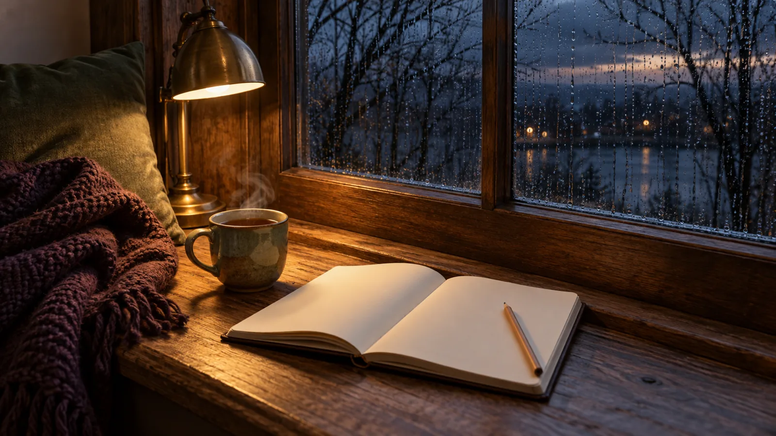 An open notebook and a pencil by a rain streaked window on a dark winter afternoon, a mug of tea and a small lamp glowing, ready for winter journal prompts