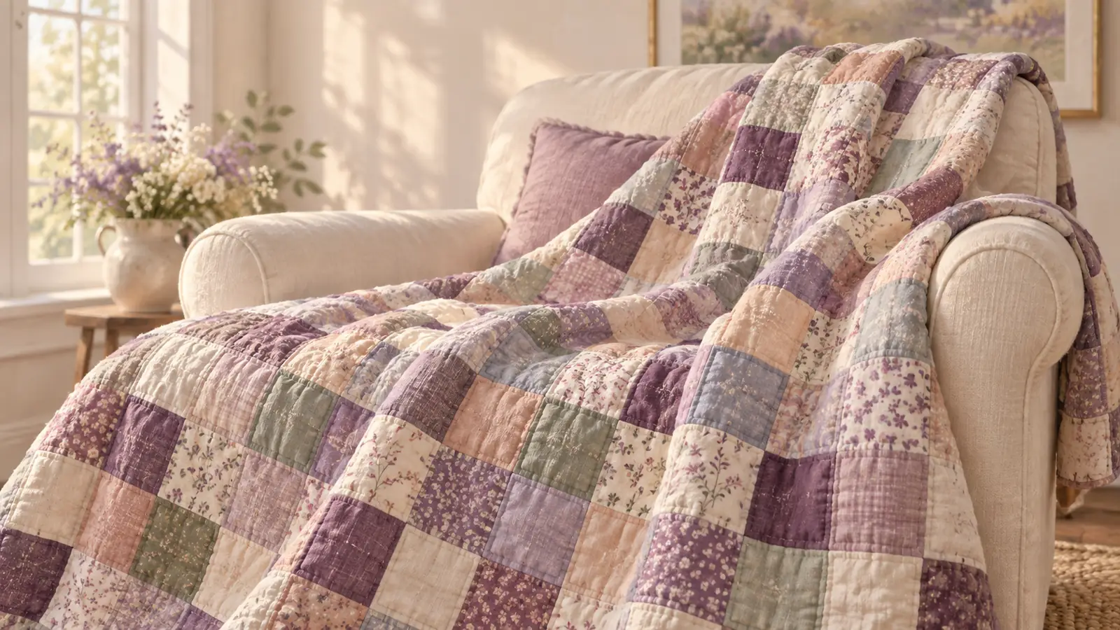 A patchwork quilt of small square patches, like a year in pixels in fabric, in plum, lavender, peach, cream and sage, draped over a cream armchair in soft daylight