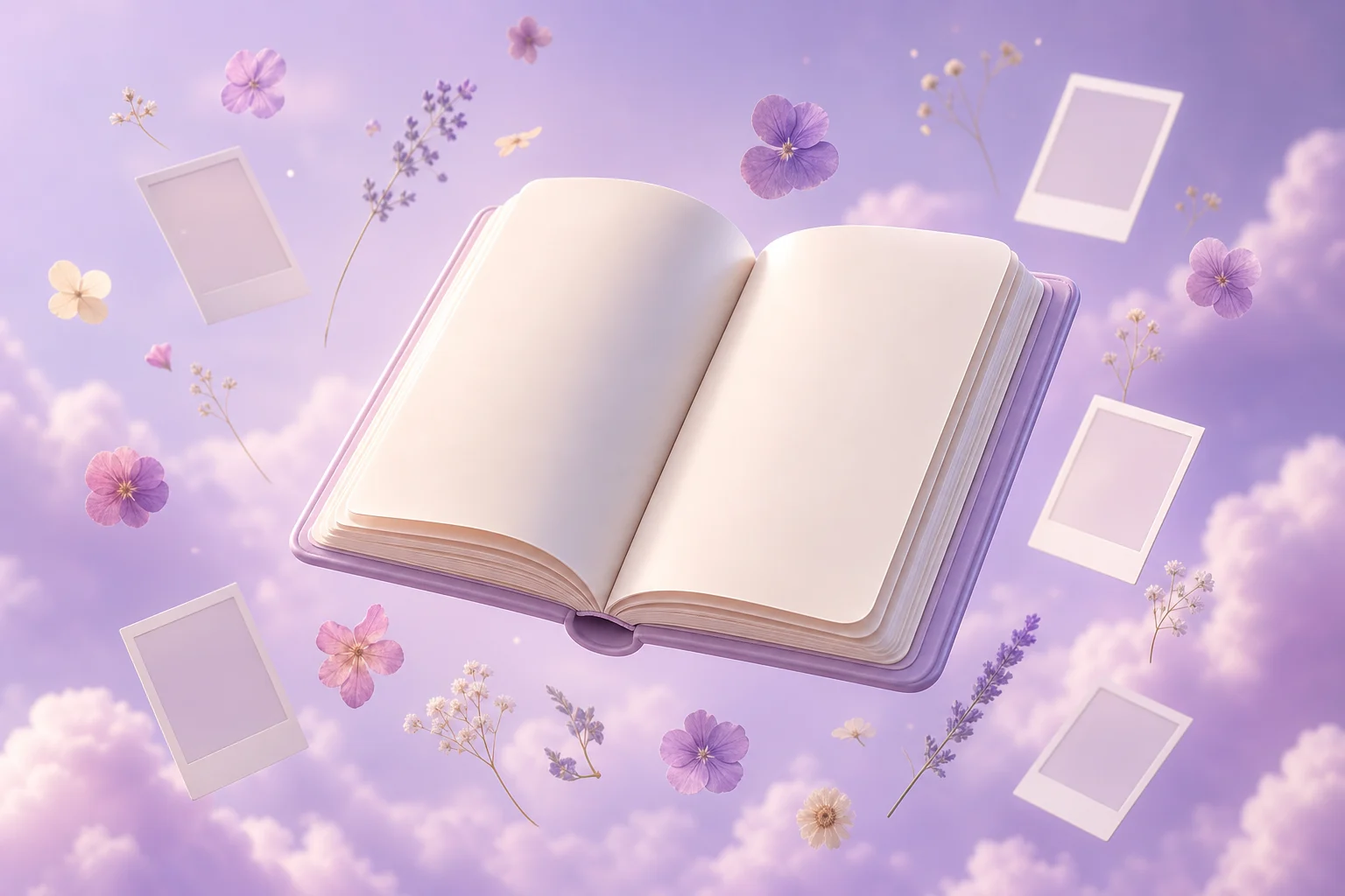 An open lilac journal floating among soft clouds, surrounded by pressed flowers and blank photo cards