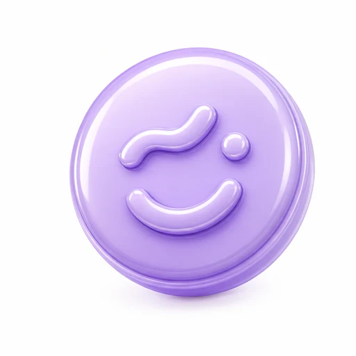 A glossy lilac mood token with a soft smiling face