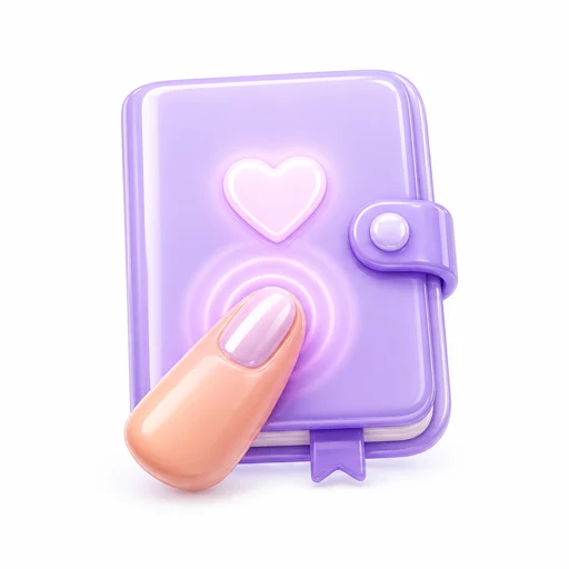 A fingertip tapping a small glowing lilac journal